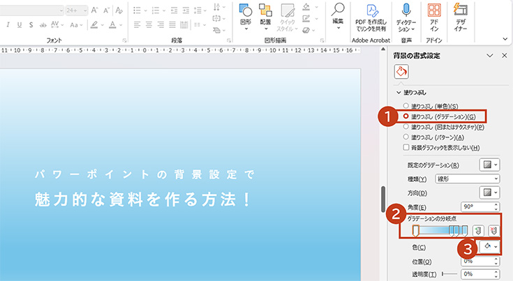 「背景の書式設定」で「塗りつぶし(グラデーション)」を選択、「グラデーションの分岐点」で変更したい色をクリック